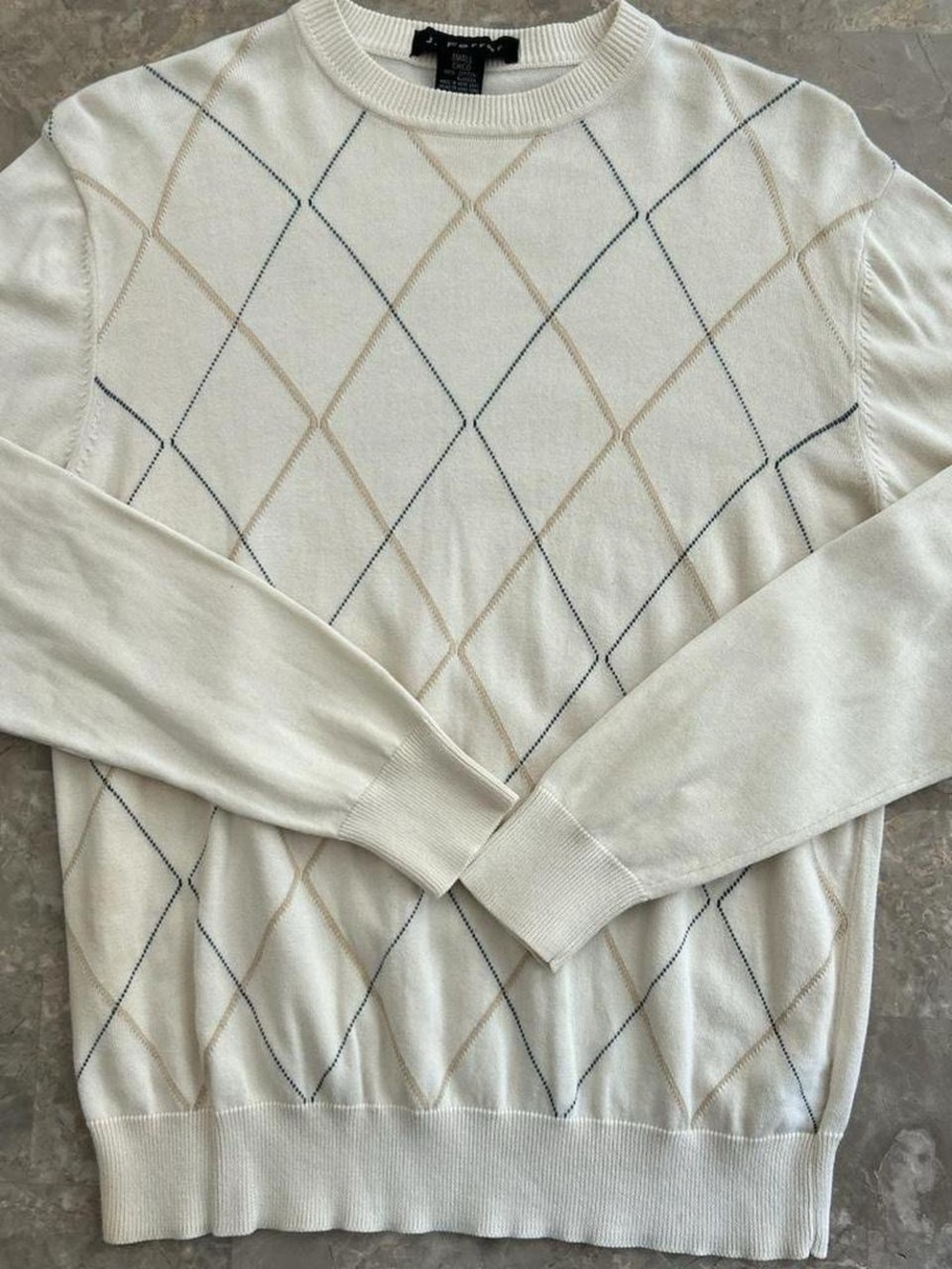 Vintage 1990s J. Ferrar Argyle Cotton Sweater Small Cream Tan Navy 18x25